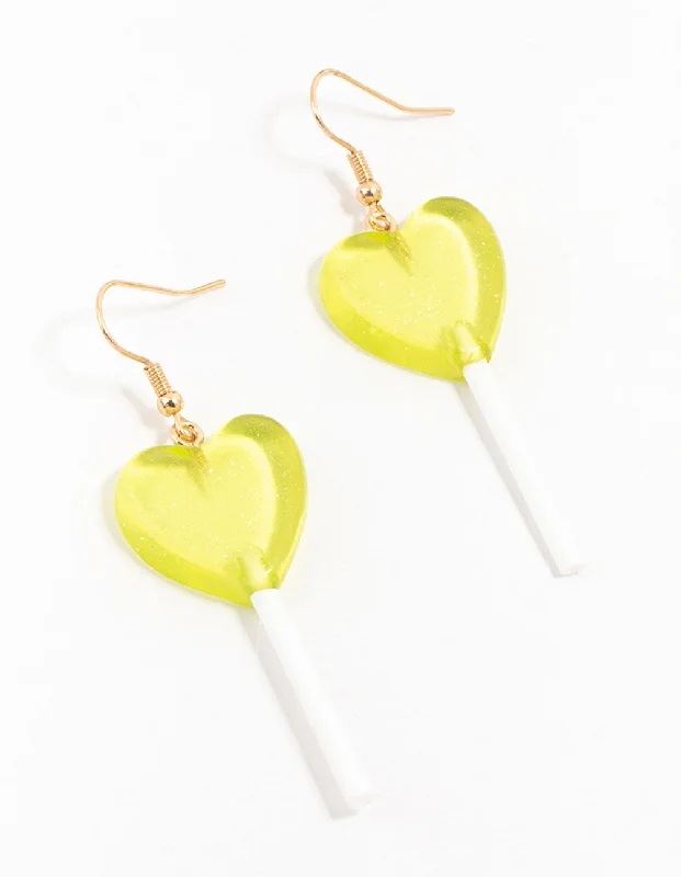 Silver Earrings for Bridesmaids-Yellow Plastic Lollipop Drop Earrings