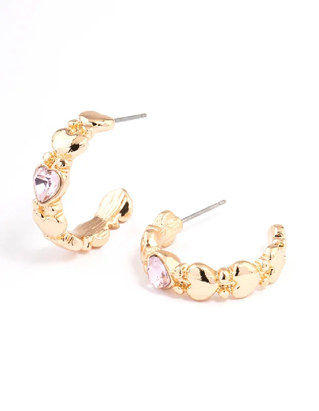 Big Gold Earrings-Blush Cute Diamante Heart Hoop Earrings