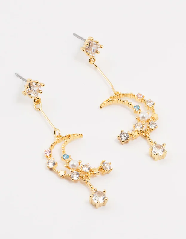 Simple Hoop Earrings-Gold Plated Cubic Zirconia Moon Drop Earrings