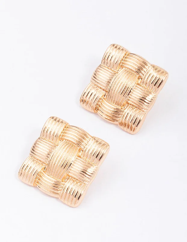 Fancy Gold Earrings-Gold Quilted Square Stud Earrings