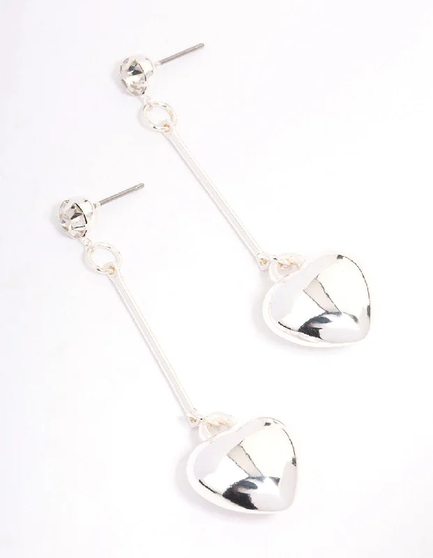 Elegant Statement Earrings-Silver Diamante Chubby Heart Drop Earrings