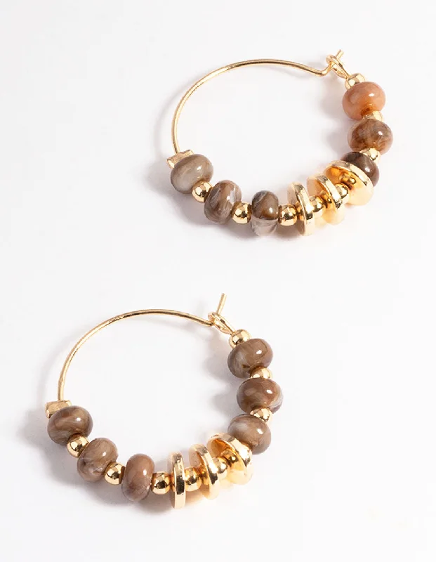 Handcrafted Earrings for Women-Brown Small Bead & Metal Hoop Earrings