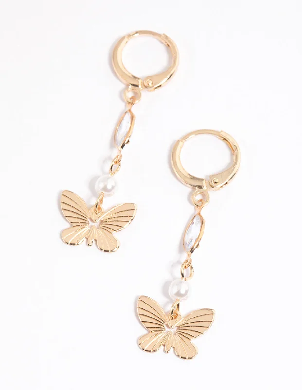 Silver Earrings for Weddings-Gold Marquise Butterfly Huggie Earrings