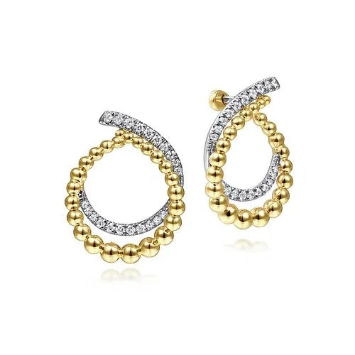 Black Crystal Earrings-14K Yellow Gold Bujukan Open Double Row Ball and Diamond Bypass Hoop Earrings