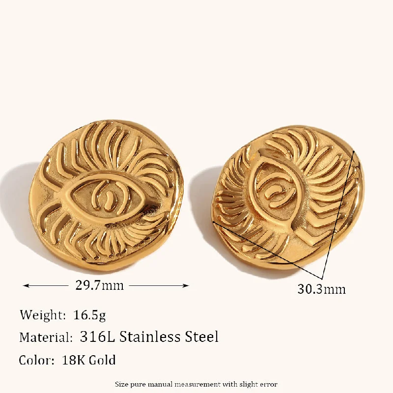 Long Eyelash Eye Disc Ear Studs-Gold