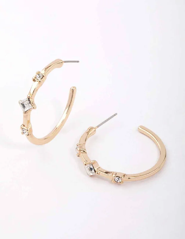 Rose Gold Earrings for Brides-Gold Square Diamante Encased Hoop Earrings