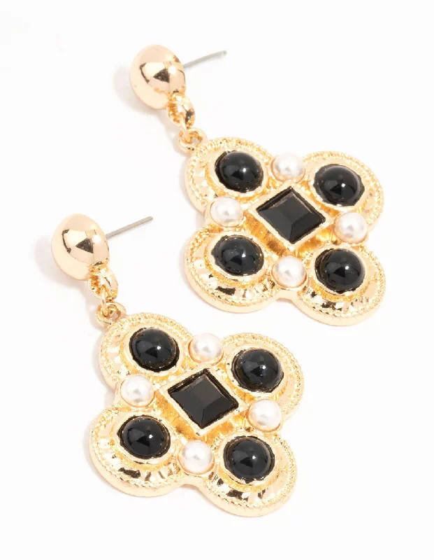 Chic Gemstone Earrings-Gold Pearl & Black Diamante Vintage Cross Stud Earrings