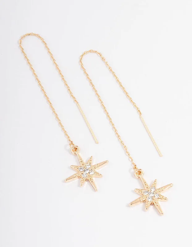 Silver Bead Drop Earrings-Gold Fine Diamante Star Threader Earrings