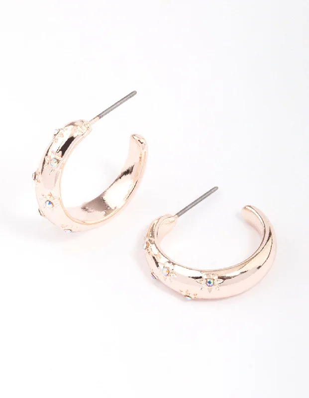 Colorful Crystal Earrings-Rose Gold Diamante Star Puffy Hoop Earrings