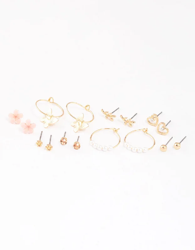 Bridal Gold Earrings-Gold Pearl Butterfly & Flower Earrings 8-Pack