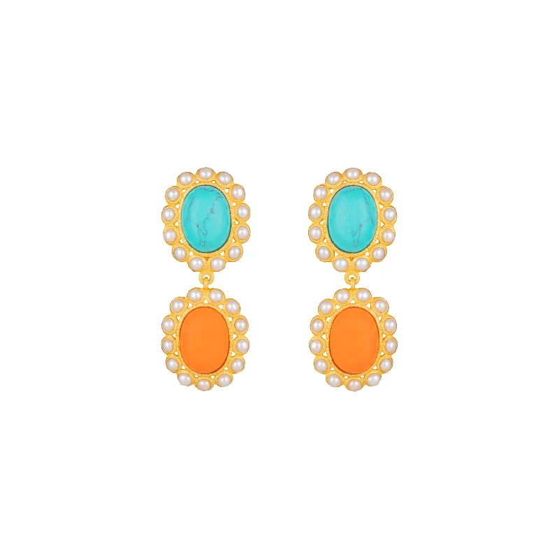 Handmade Bead Earrings-Ada Earrings Orange Coral, Turquoise & Pearls