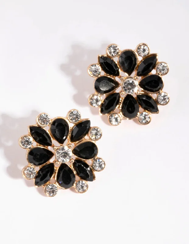 Tropical Earrings for Summer-Gold & Black Diamante Flower Stud Earrings