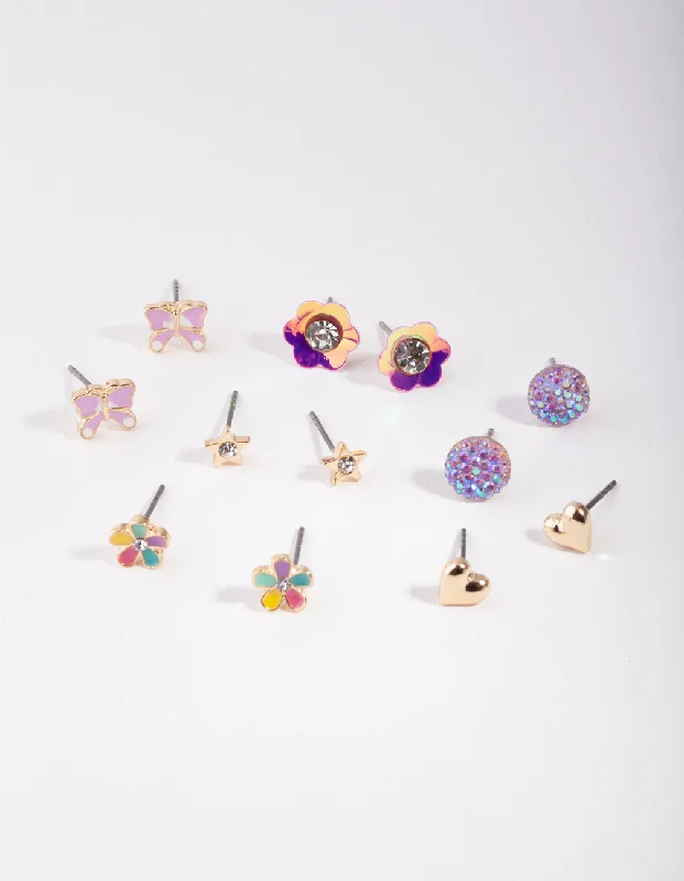 Tropical Earrings for Summer-Kids Gold Flower Garden Stud Earring 6-Pack