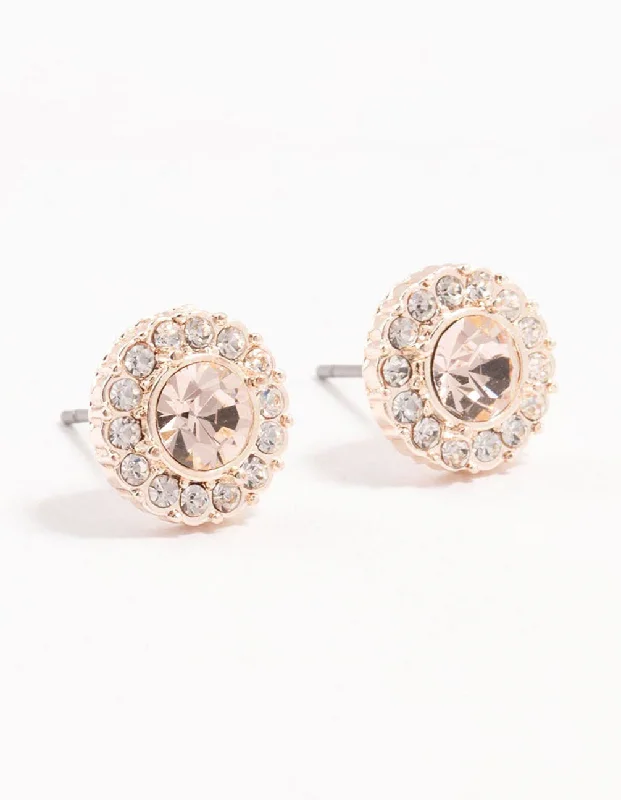 Vintage Style Earrings-Halo Pink Bohemia Czech Crystal Rose Gold Stud Earrings