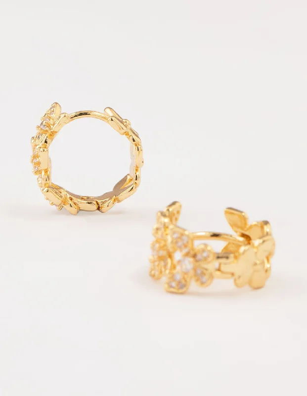 Gold Hoop Earrings-Gold Plated Cubic Zirconia Butterfly Huggie Earrings