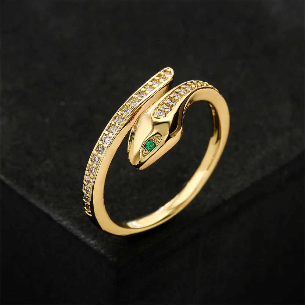 Adjustable Ring for Women-European And American New Copper-Plated 18k Gold Zircon Green-Eyed Snake Ring