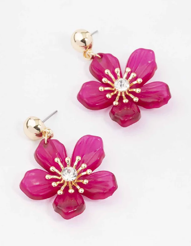 Chandelier Earrings for Weddings-Pink Diamante Stippled Flower Drop Earrings