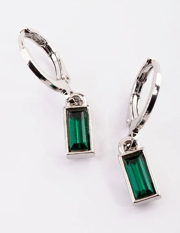 Oversized Hoop Earrings-Silver Green Diamante Huggie Hoop Earrings