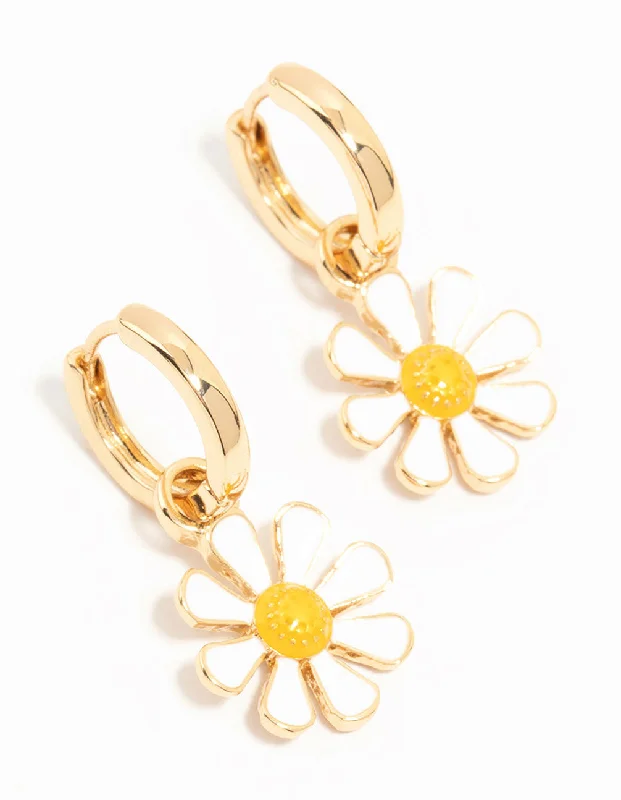 Large Gold Earrings-Gold Plated Daisy Huggie Earrings