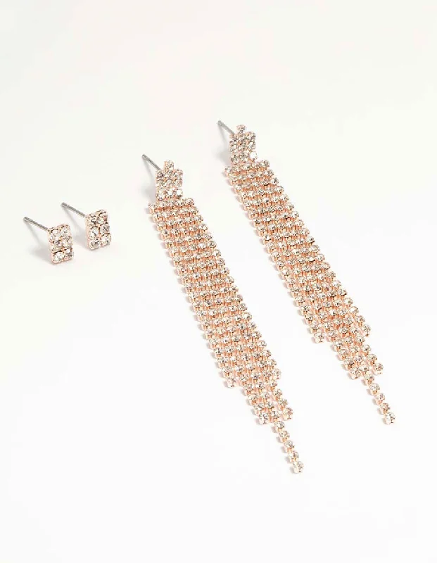 Long Diamond Earrings-Rose Gold Cupchain & Stud Earrings 2-Pack