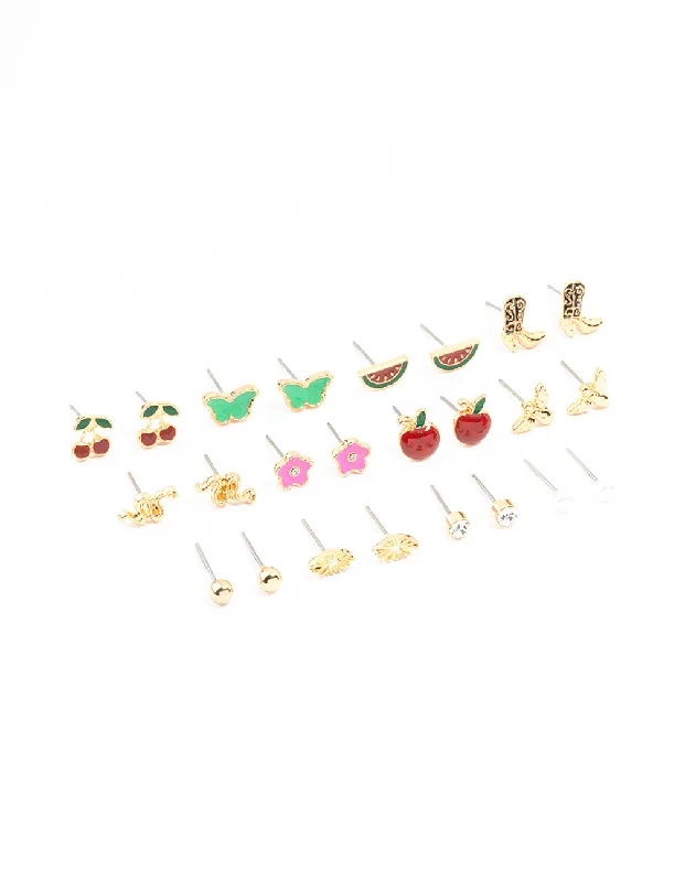 Sterling Stud Earrings-Gold Cherry & Boot Stud Earrings Pack 12-Pack