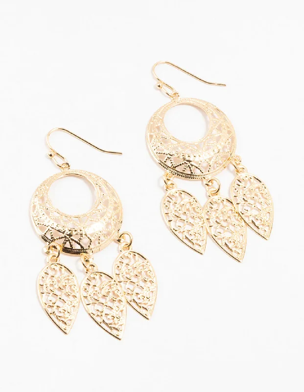 Large Drop Earrings-Gold Filigree Dreamcatcher Drop Earrings