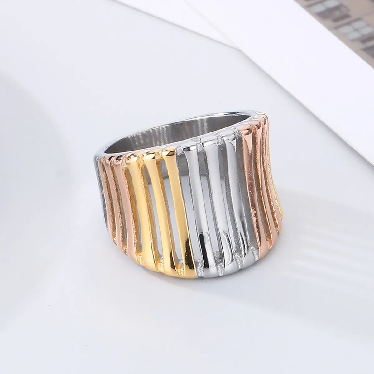 Unique Titanium Wedding Ring-Stainless Steel Simple Style Color Block Stripe Hollow Out Rings