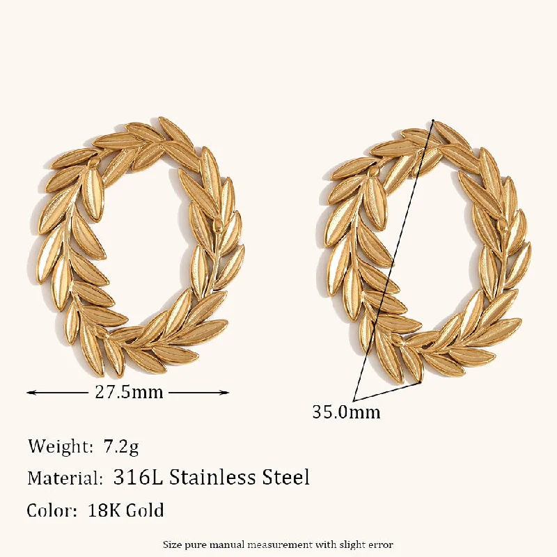 O-Ring-Shaped Leaf-Shapepd Stud Earrings-Gold