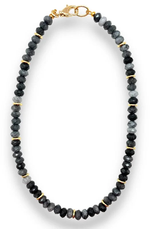 Bright Gold Pendant Necklace-Grey Jade Beaded Necklace