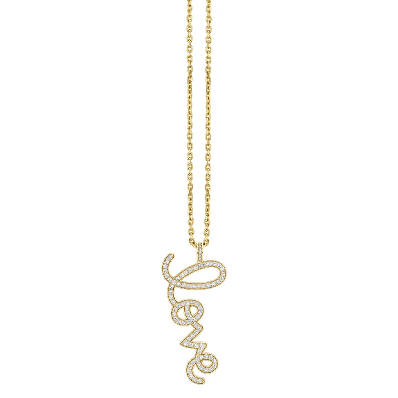 Wedding Necklace for Bridesmaids-Gold & Diamond Extra Large Love Script Charm Necklace