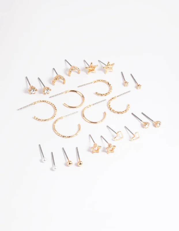 Simple Gold Earrings-Gold Celestial Heart Stud Earring 12-Pack