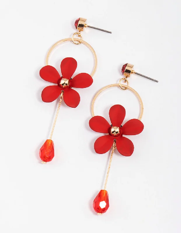 Large Bead Earrings-Red Diamante Circle Flower Drop Earrings