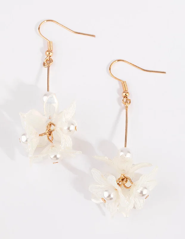 Large Diamond Earrings-Gold Flower Bar with Pearl Earrings