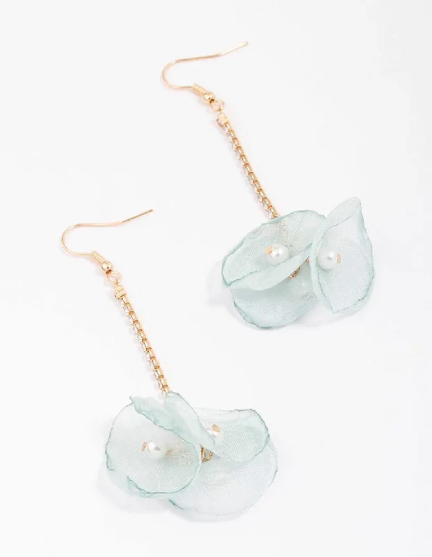 Birthstone Stud Earrings-Gold & Blue Cup Chain Flower Pearl Drop Earrings