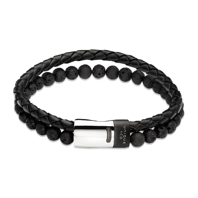 Double Strand Bracelet-Unique & Co 2-Row Black Lava Rock and Leather Bracelet