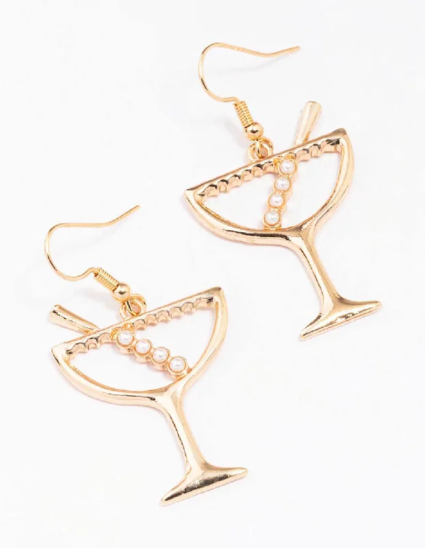 Elegant Dangly Earrings-Gold Pearl Cocktail Drop Earrings