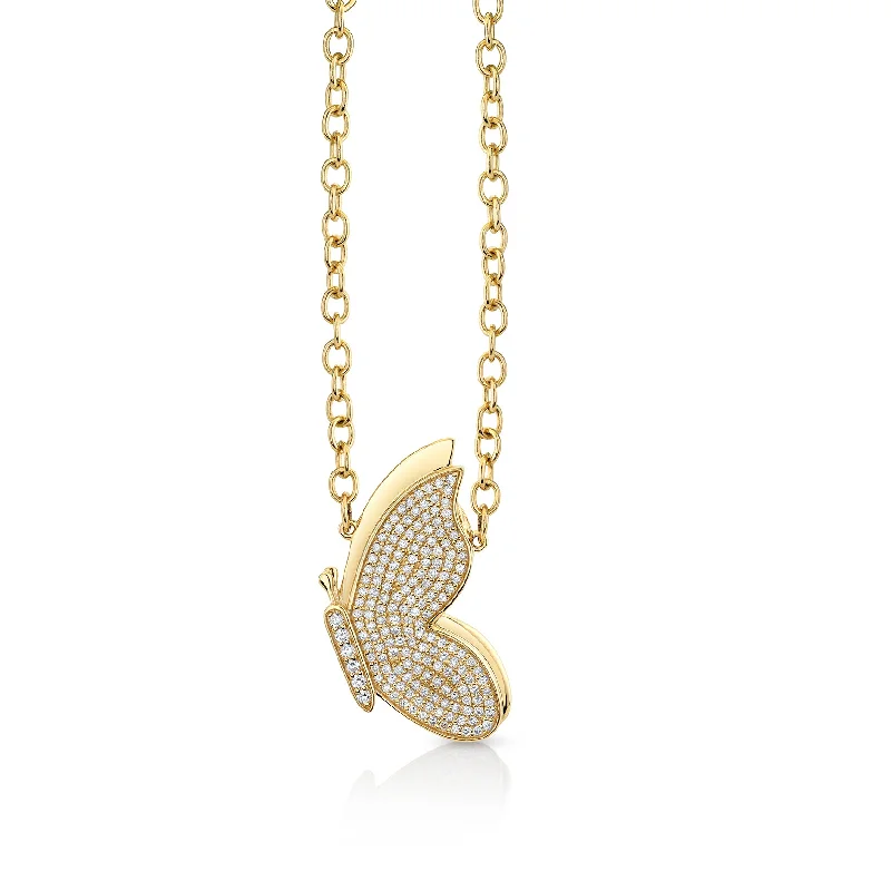 Statement Silver Pendant Necklace-Gold & Diamond Flying Butterfly Necklace