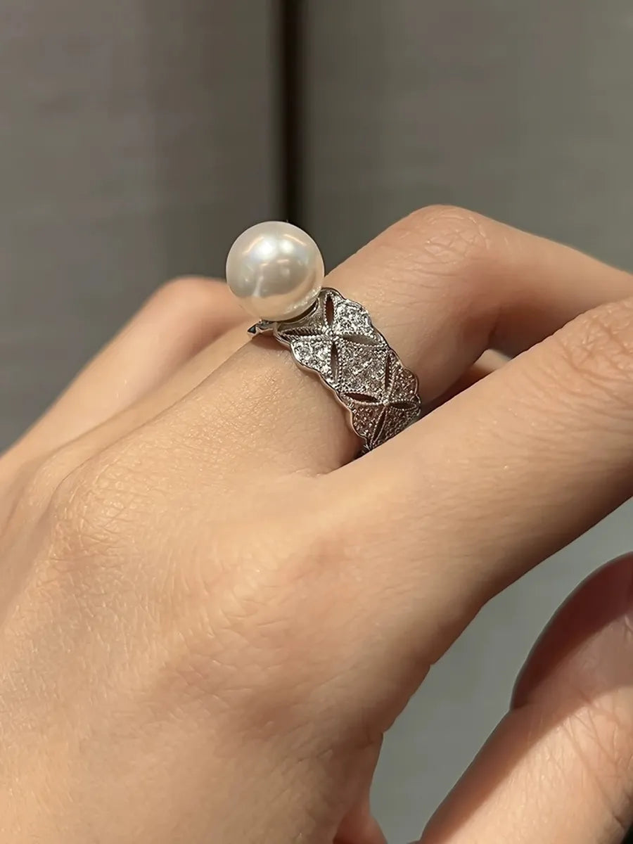 Engagement Ring with Side Stones-Elegant Geometric Sterling Silver Inlay Artificial Pearls Zircon White Gold Plated Adjustable Ring