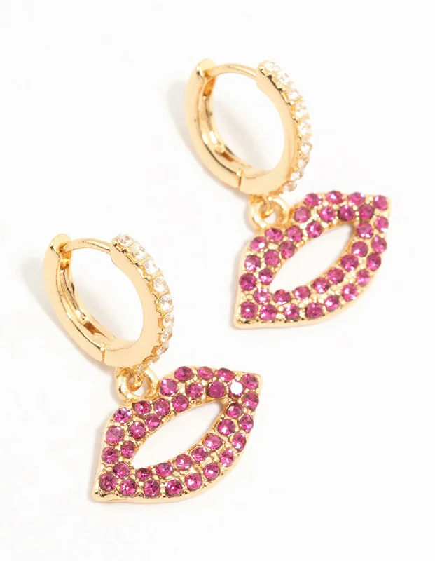 Large Hoop Drop Earrings-Gold Plated Pink Diamante Lips Huggie Earrings