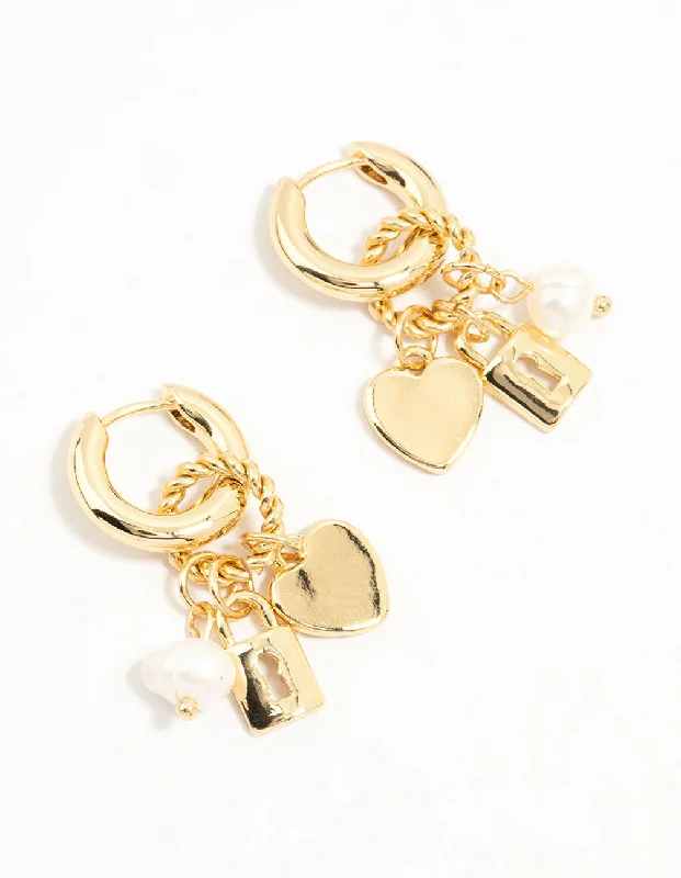 Luxury Diamond Earrings-Gold Plated Heart & Lock Drop Huggie Earrings