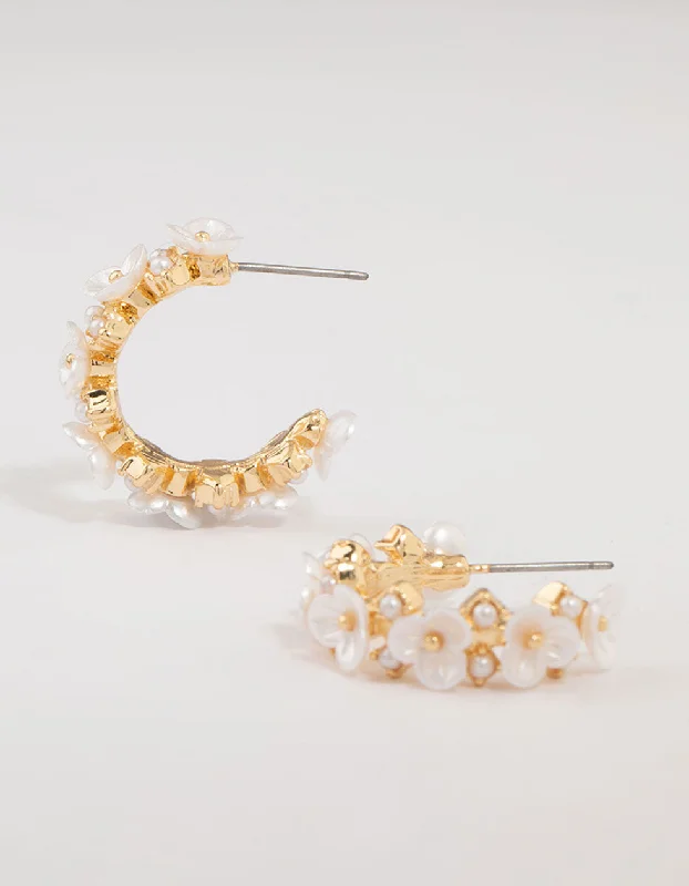 Shiny Hoop Earrings-Gold Plated Cubic Zirconia Flower Chunky Hoop Earrings