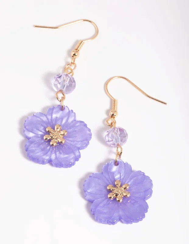 Cute Dangle Earrings-Purple Flower Drop Earrings