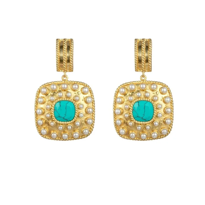 Round Hoop Earrings-Renata Earrings Turquoise & Freshwater Pearls