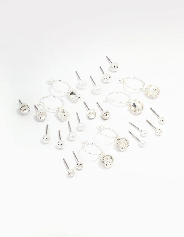 Colorful Crystal Earrings-Silver Classic Stud & Hoop Earring 12-Pack