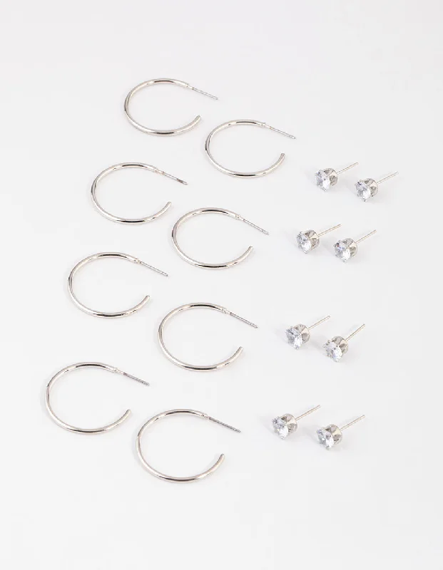 Gemstone Dangle Earrings-Silver Classic Diamante & Hoop Earrings 8-Pack