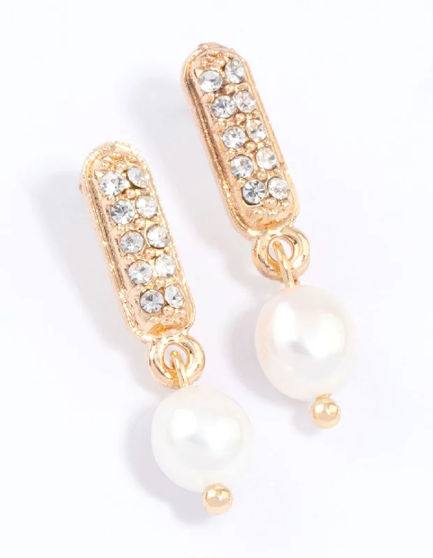 Sterling Silver Earrings-Gold Diamante Mini Pearl Drop Earrings & Polishing Set