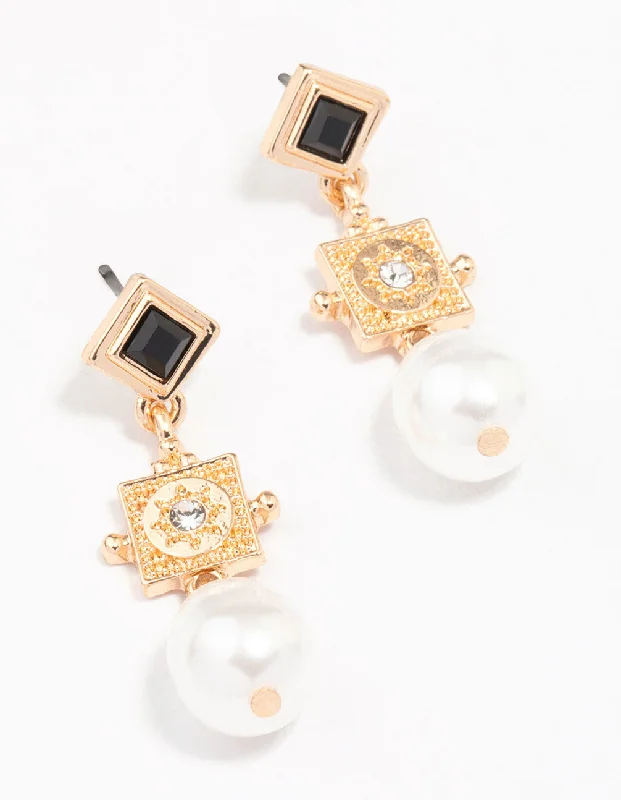 Simple Gold Hoop Earrings-Gold Diamante Square Pearl Drop Earrings