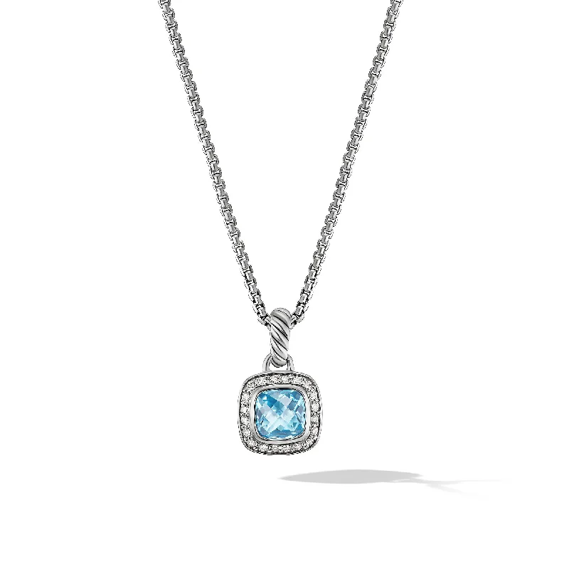 Choker Necklace for Women-Petite Albion® Pendant Necklace in Sterling Silver with Blue Topaz and Diamonds\, 7mm