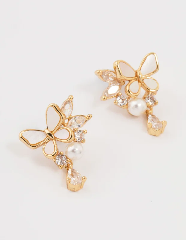 Casual Silver Earrings-Gold Plated Pearl Butterfly Mini Drop Earrings