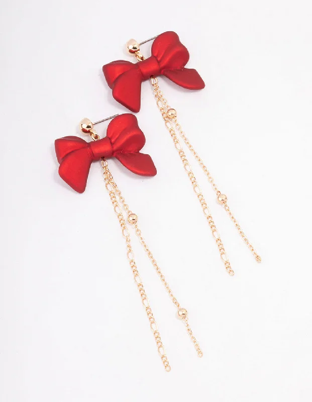 Floral Stud Earrings-Red Pearlised Bow Chain Drop Earrings